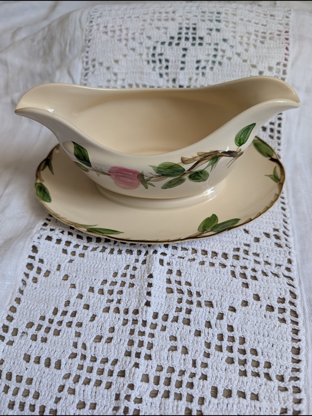 Franciscan Cream Ceramic Gravy Boat with Pink Floral and Green Leaves